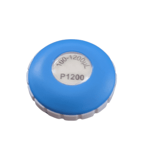 A blue and white circular Pipetman L Plunger Button with ridged edges, 1200μL, compatible with Gilson P8x1200L and P12x1200L multichannel pipettes.