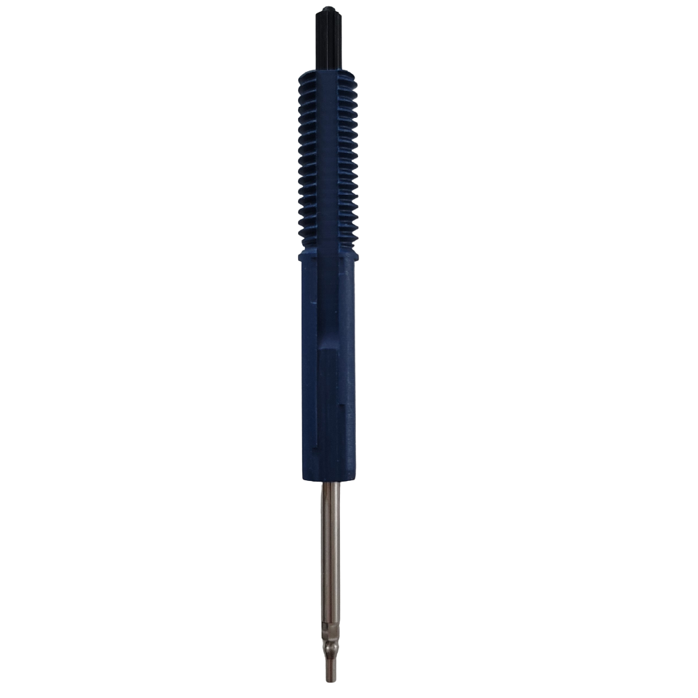 GI FA07370 A close-up of a Gilson Pipetman L Screw Assembly / Operating Rod for Multichannel 1200μL models (P8x1200L, P12x1200L), featuring a blue ribbed grip and metal tip, isolated on a white background.