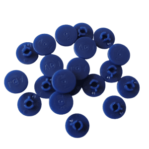 Reference 2 Adjustment Plugs / Seals, blue with 'ADJ' marking, compatible with single & multichannel Eppendorf systems. Sold in packs of 20. Displayed on white background.