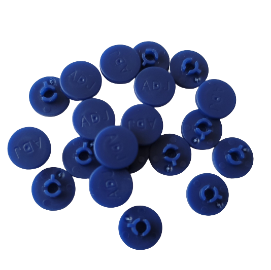 Reference 2 Adjustment Plugs / Seals, blue with 'ADJ' marking, compatible with single & multichannel Eppendorf systems. Sold in packs of 20. Displayed on white background.