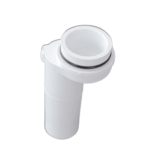 Photographed on a plain white background, this white plastic Rainin Nozzle for 1200μL multichannel pipettes includes a rubber seal and is designed for secure plumbing connections.