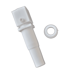 The Rainin Nozzle & Cap, Multichannel, 50μL (Rainin) features a white plastic cylindrical nozzle connector and separate round cap, both shown on a plain background.