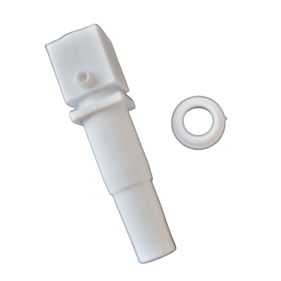 RA 17015204 The Rainin Nozzle & Cap, Multichannel, 50μL (Rainin) features a white plastic cylindrical nozzle connector and separate round cap, both shown on a plain background.