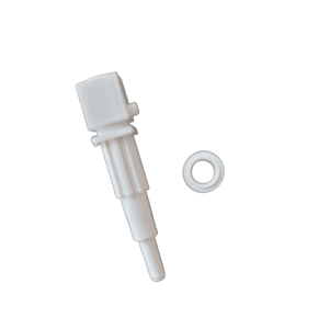 A Rainin Nozzle & Cap, Multichannel, 10μL (Rainin), featuring a white nozzle and separate circular cap, are displayed on a plain white background.