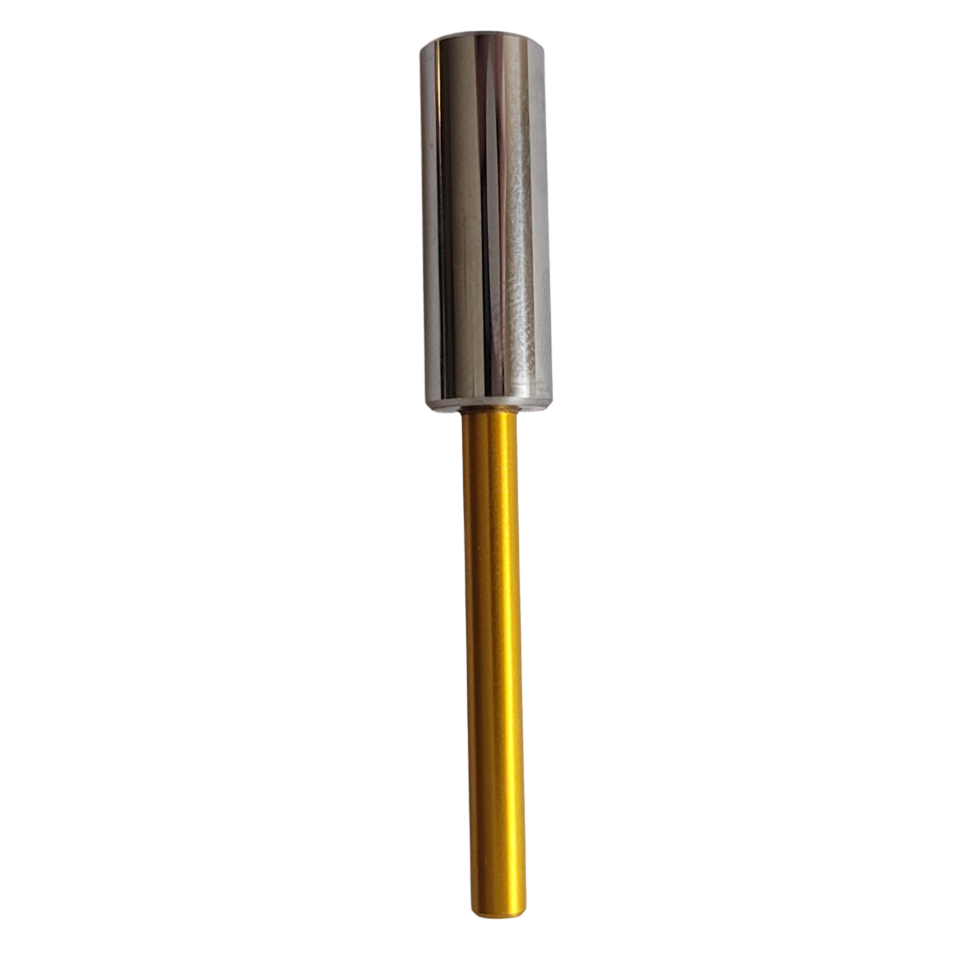 A cylindrical metal EDP3 / EDP3 Plus / E4-XLS / E4-XLS+ Piston with LTS & Traditional Shaft, 1000μL (Rainin), features a silver top and gold lower section, displayed on white. Compatible with Rainin pipettes, including the EDP3 model.