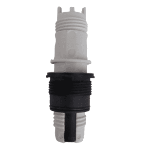 The Picus Adapter, Single Channel (10μL, 120μL, 300μL, 1000μL) by Sartorius is a cylindrical white plastic connector with a black threaded middle section, shown against a plain white background.