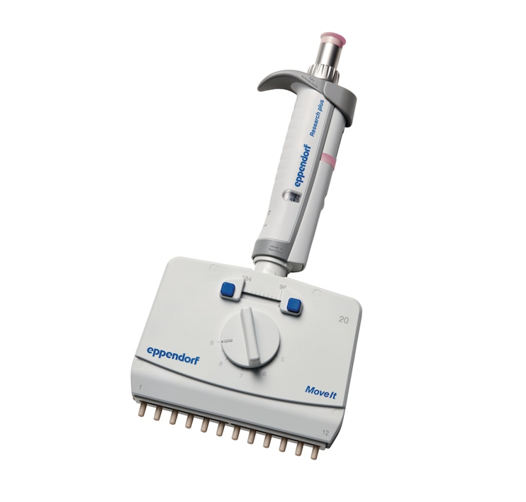3125000125 The Eppendorf Research Plus Move It Adjustable Tip Spacing Pipette, 12-Channel, Light Pink, 1-20µL, is shown—perfect for precise and flexible liquid handling in labs.