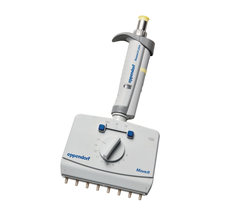 3125000133 The Eppendorf Research Plus Move It Adjustable Tip Spacing Pipette, 8-Channel, Light Yellow, 5-100µL offers precise and efficient liquid handling with adjustable volume and tip spacing for versatile lab applications.