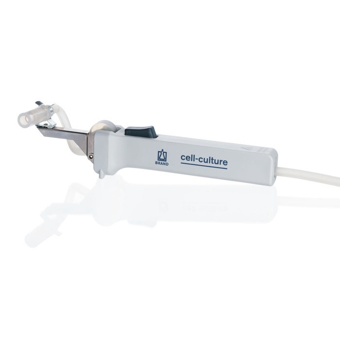 BT_25950 A white Cell-culture Hand Control Unit for QuikSip Bottletop Aspirator (BrandTech) with a connected tube, designed for precise liquid handling in cell culture applications.