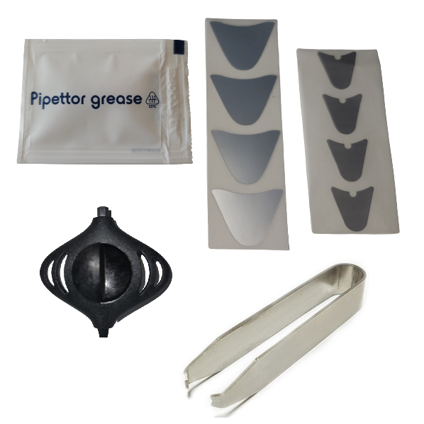 A mLINE / Proline Plus Tool Kit - Special Buy! (Sartorius/Biohit) is shown on a white background, including pipettor grease, two adhesive strip sheets with assorted pads, a black plastic tool, and metal tweezers.