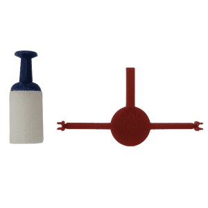 A blue and white Eppendorf Research Plus pipette is next to a red, flat Research Plus Safety Plug with arms and a round CAL-labeled center, used in labs to enhance pipette safety.