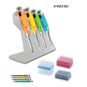 The V-Pette Starter Kit by Labnet features four pipettes (10μL, 20μL, 200μL, 1000μL) on a stand, with accessories and tip boxes below. The kit’s logo appears in the top right corner, showcasing Labnet’s innovation.
