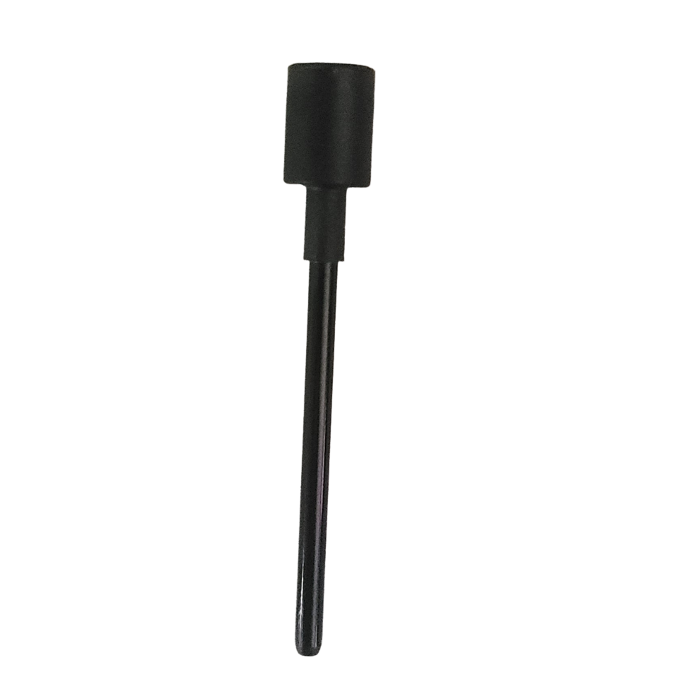 A black cylindrical piston for Transferpette S and pro multichannel (5-50μL, BrandTech) is shown with a long, narrow handle against a white background.