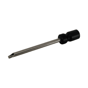 The Rainin Pipet-Lite XLS/XLS+ C Clip Removal Tool, 3 Clip Version, is a metal tool with a cylindrical shaft and black plastic handle, featuring a notched tip designed for removing c clips.