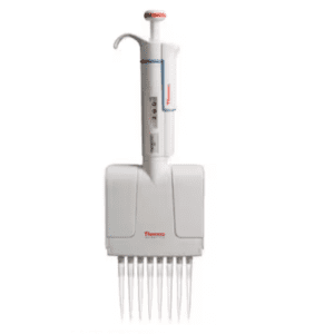 The Thermo Scientific Finnpipette F1 Upgrade is an 8-channel pipette with tip ejector and adjustable 1-10μL volume, shown vertically against a white background.