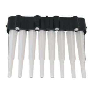 A black plastic holder with eight clear conical tubes, each secured by a silver screw—ideal for use with the Labnet Shafts Assembly, Complete Shaft Box, Multichannel, 8 Channel, 10μL (Labnet).