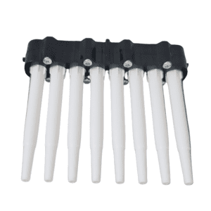 A Labnet Shafts Assembly, Complete Shaft Box for multichannel 8-channel 50μL pipettes (Labnet), with eight aligned white pipette tips—ideal for efficient 8-channel pipetting tasks.