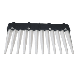 A plastic tool with a black base and twelve evenly spaced white tapered prongs, resembling the Labnet Shafts Assembly, Complete Shaft Box for 12-channel multichannel applications (10μL, Labnet).