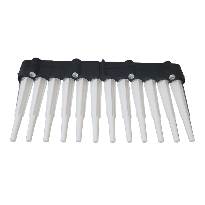 A plastic tool with a black base and twelve evenly spaced white tapered prongs, resembling the Labnet Shafts Assembly, Complete Shaft Box for 12-channel multichannel applications (10μL, Labnet).