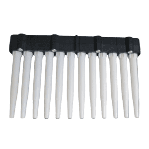 A black plastic holder with ten white pipette tips in a row, viewed from above on white, for use with the Labnet Shafts Assembly, Complete Shaft Box, Multichannel, 12 Channel, 50μL (Labnet).