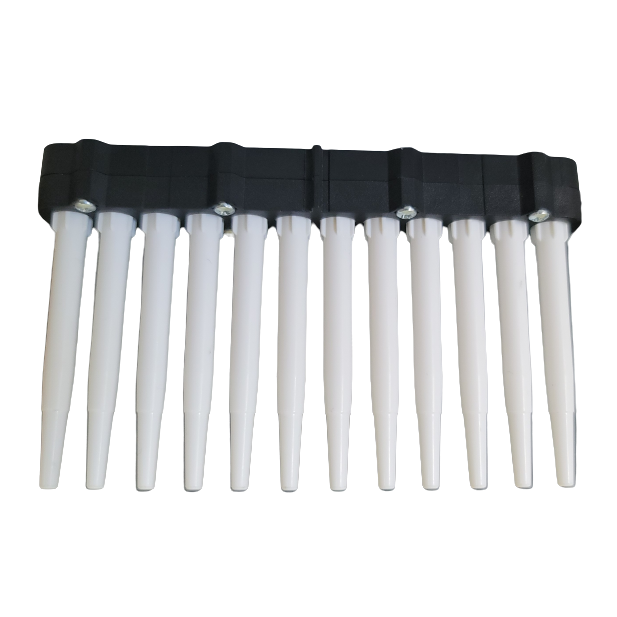 A black plastic holder with ten white pipette tips in a row, viewed from above on white, for use with the Labnet Shafts Assembly, Complete Shaft Box, Multichannel, 12 Channel, 50μL (Labnet).