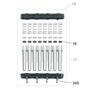 A set of mechanical parts—including springs, seals, rods, and labeled components 16, 17, 18, and 34S—compatible with the Labnet Shafts Assembly Complete Shaft Box for multichannel (12 channel), 50μL (Labnet) systems.
