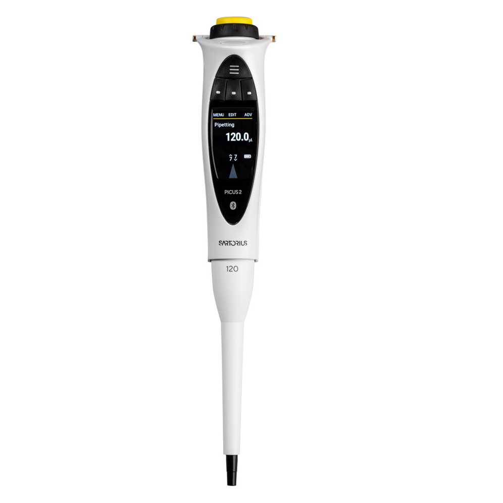 SA LH-747041 The Picus 2 Electronic Pipette, Single Channel, 5-120μL (Sartorius) UPGRADE26 features precise liquid handling in a sleek white design with black buttons.