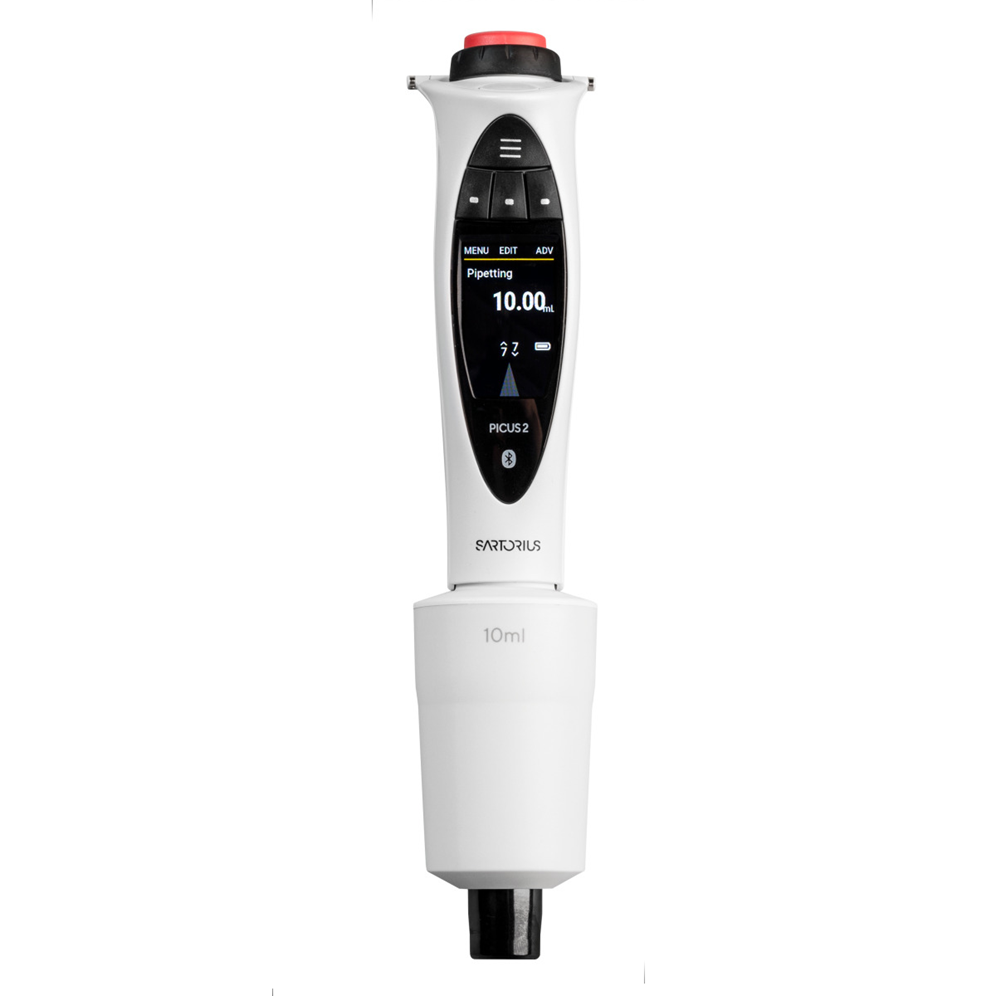 SA LH-747111 The Picus 2 Electronic Pipette, Single Channel, 500-10000μL, 10ML (Sartorius) UPGRADE26 features a display screen and delivers precise liquid handling from 500 to 10,000μL for lab applications.