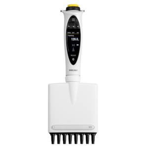 The Picus 2 Electronic Multichannel Pipette, 8 Channel, 5-120μL (Sartorius) UPGRADE26 offers precise liquid handling and features a display screen with a modern white design and black accents.