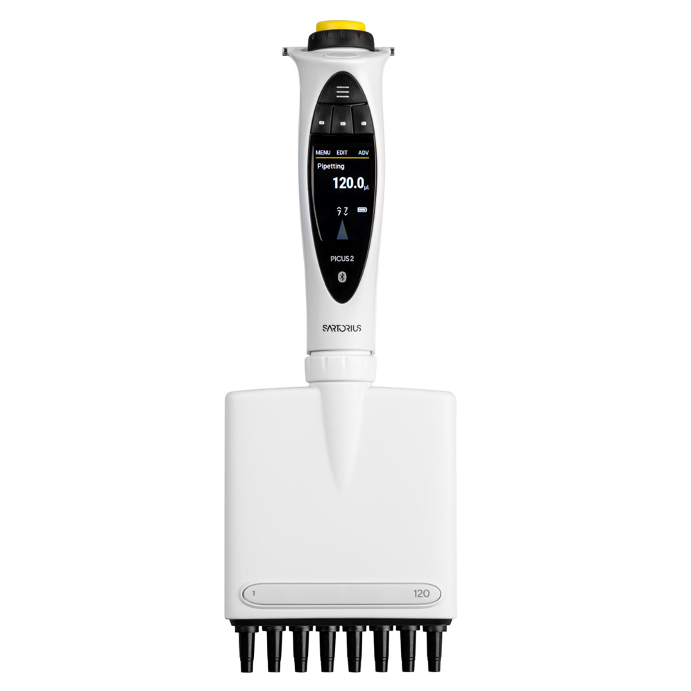 The Picus 2 Electronic Multichannel Pipette, 8 Channel, 5-120μL (Sartorius) UPGRADE26 offers precise liquid handling and features a display screen with a modern white design and black accents.