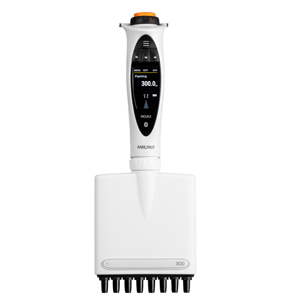 The Picus 2 Electronic Multichannel Pipette (Sartorius) has 8 channels, offers a 10-300 μL volume range shown on a digital display, and ensures precise liquid handling in labs.