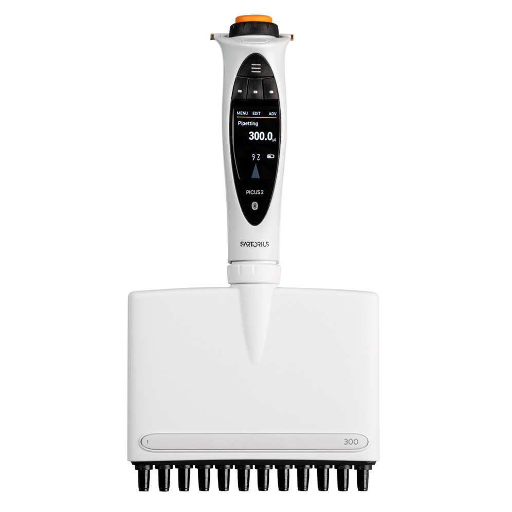 The Picus 2 Electronic Multichannel Pipette, 12 Channel, 10-300μL (Sartorius) UPGRADE26 displays a 300.0 µL setting and features twelve tips for simultaneous liquid handling.