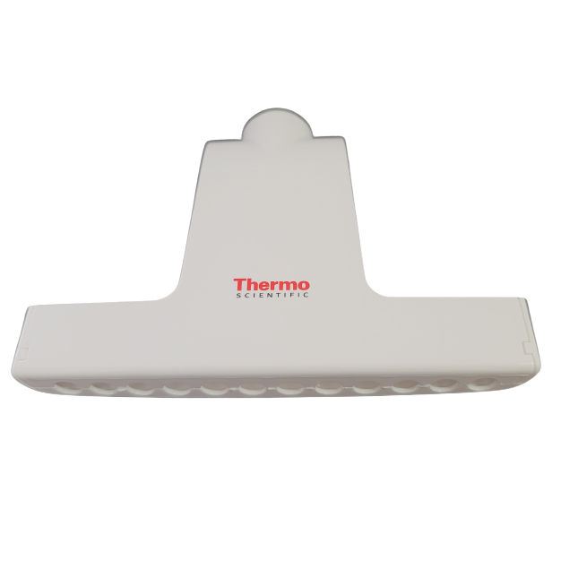 A white Thermo Scientific Finnpipette F1 Upgrade 12-channel tip ejector (50μL, 100μL, 300μL) with a flat, wide shape and rounded top, viewed from above against a plain background.
