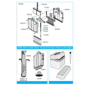 Exploded diagram showing spare parts for the Finnpipette Multistepper O-ring Cap, 250μL (Thermo Scientific), with labeled components, part numbers, and assembly instructions in English, German, French, and Spanish.