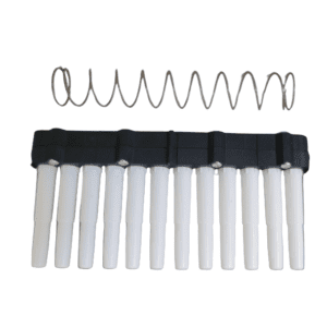 A metal coil spring and a black plastic holder with ten white tubes are arranged side by side, resembling components from the Labnet Shafts Assembly, Complete Shaft Box & Pipetting Spring, Multichannel Type U/DP, 12 Channel, 200μL.