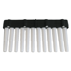 A front view of a black and white 12 channel pan flute, with twelve vertical pipes on a horizontal holder, reminiscent of the Labnet Shafts Assembly, Complete Shaft Box, Multichannel, 12 Channel, 200μL (Labnet).