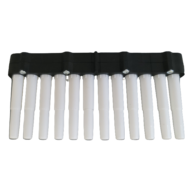 A front view of a black and white 12 channel pan flute, with twelve vertical pipes on a horizontal holder, reminiscent of the Labnet Shafts Assembly, Complete Shaft Box, Multichannel, 12 Channel, 200μL (Labnet).
