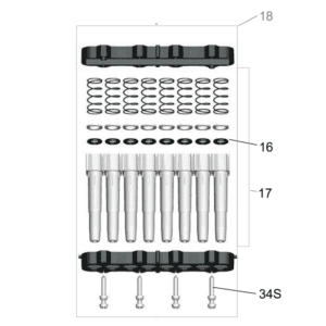 Diagram of a Labnet Shafts Assembly, Complete Shaft Box & Pipetting Spring, Multichannel Type U/DP, 8 Channel, 200μL (Labnet) with labeled parts: cover (18), springs/seals (16), cylinders (17), bolts (34S), in assembly order.