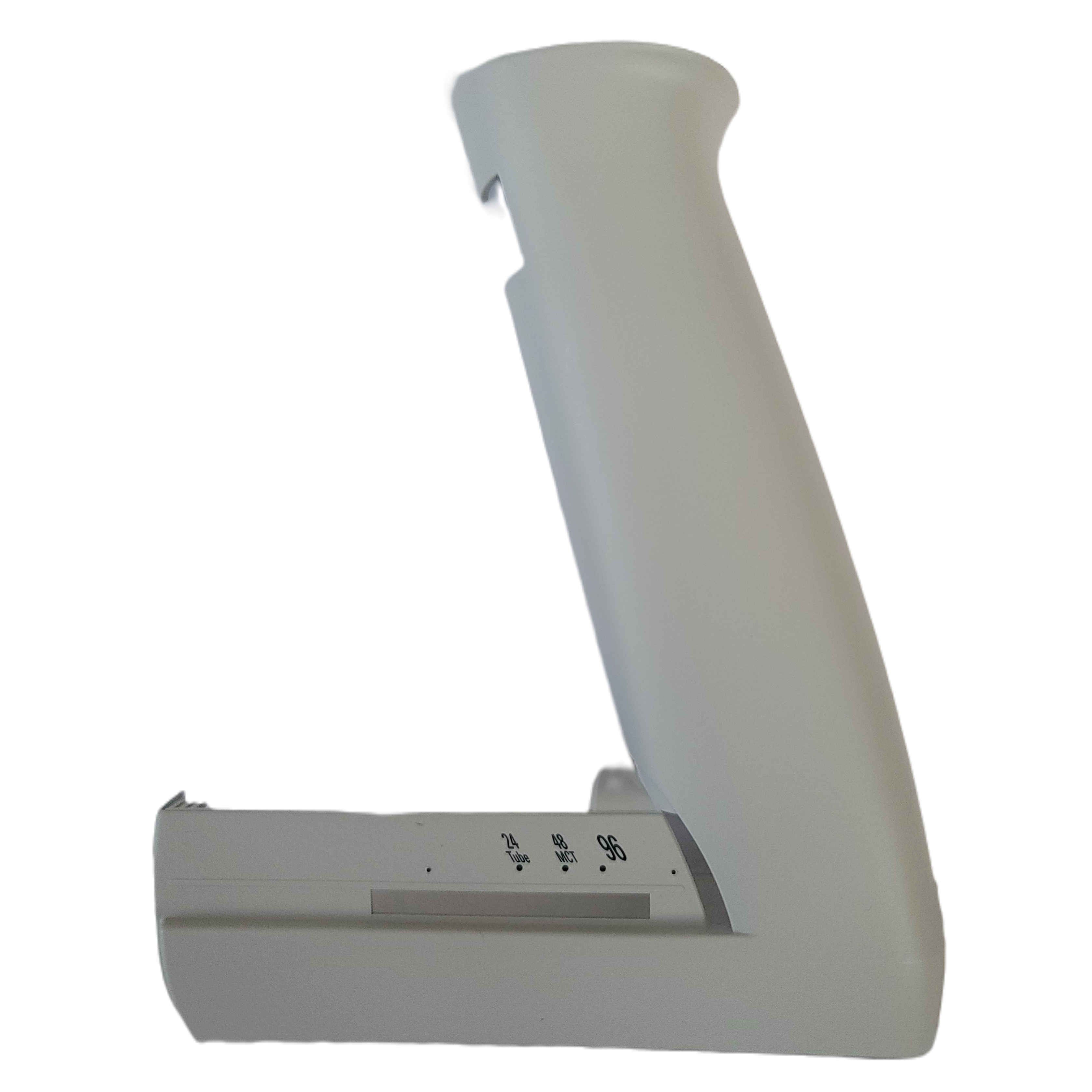 A side view of the Thermo Scientific E1 ClipTip Multichannel, Cover A, Print 4 handheld device with a grip and numeric display at the bottom, shown isolated on a white background.
