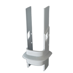 The E1 ClipTip Multichannel Adjuster (Thermo Scientific) is a white plastic component with vertical slots, a rectangular base, rounded edges, and multiple holes, displayed against a plain background.