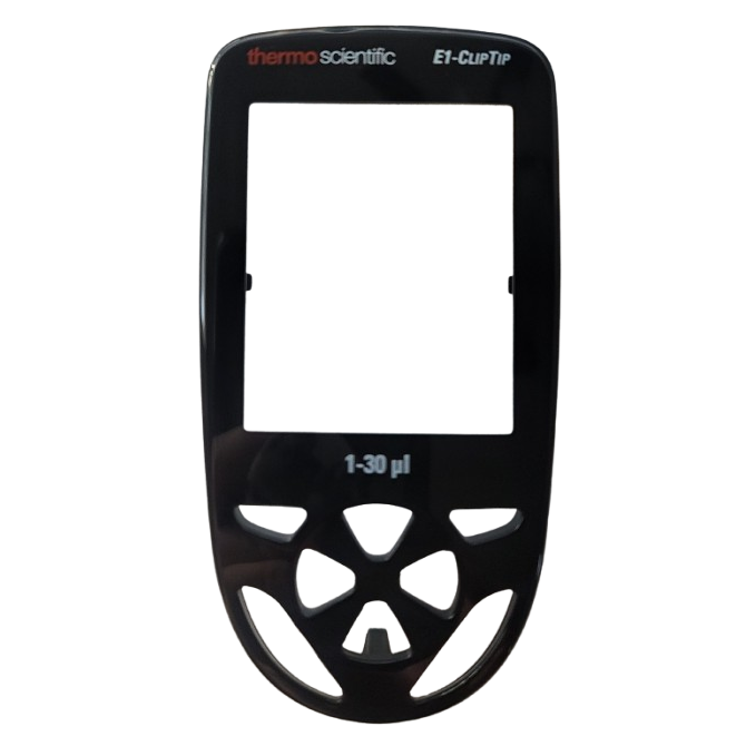 E1 ClipTip Top End Cover, 30μL (Thermo Scientific): Black plastic cover labeled 1-30μL, with button openings and a rectangular display cutout.