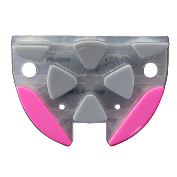 TS 1065890 A clear plastic half-circle object, resembling the Thermo Scientific E1 ClipTip Keypad, Pink, features two pink curved sections and five gray triangular pads arranged centrally.