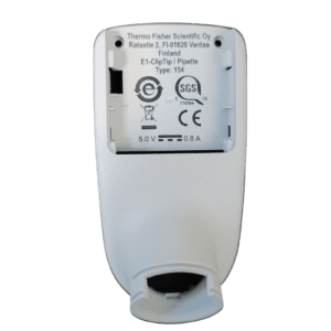Back view of the E1 ClipTip, Top End Bottom (Thermo Scientific) displaying a label with manufacturer info, certification marks, model type, and power specs at the top end bottom.