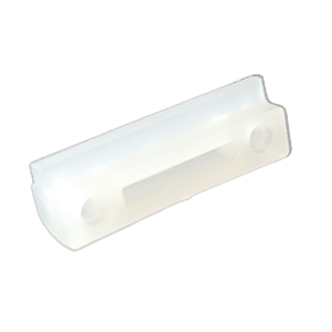 A translucent, rectangular plastic piece with two holes and a central slot—shown on a white background—serves as the E1 ClipTip Multichannel Adjuster Guide for Thermo Scientific equipment.