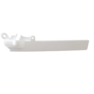 The E1 ClipTip Tubing Cover Left (Thermo Scientific) is a white plastic cover with two mounting holes and a protruding section on one end, displayed against a plain white background.