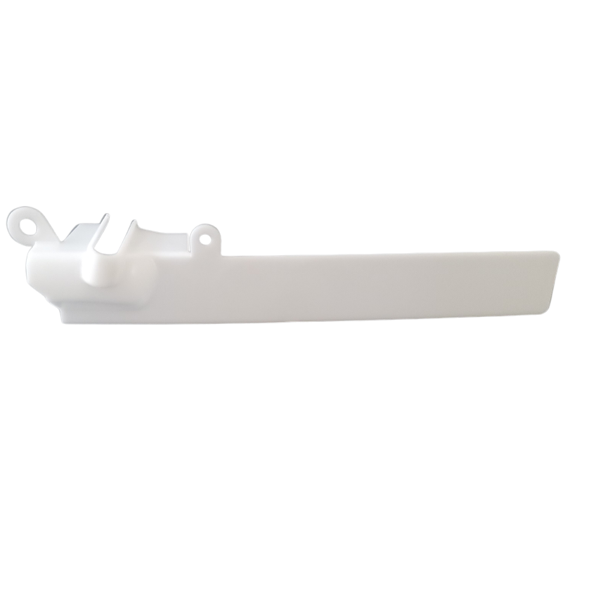 TS 1066120 The E1 ClipTip Tubing Cover Left (Thermo Scientific) is a white plastic cover with two mounting holes and a protruding section on one end, displayed against a plain white background.