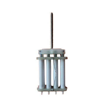 The E1 ClipTip Cylinder Block for Thermo Scientific multichannel devices, featuring four vertical white rods, plastic end caps, a central metal screw, and a visible wire, is shown against a plain white background. Model: 12 Channel, 300μL.