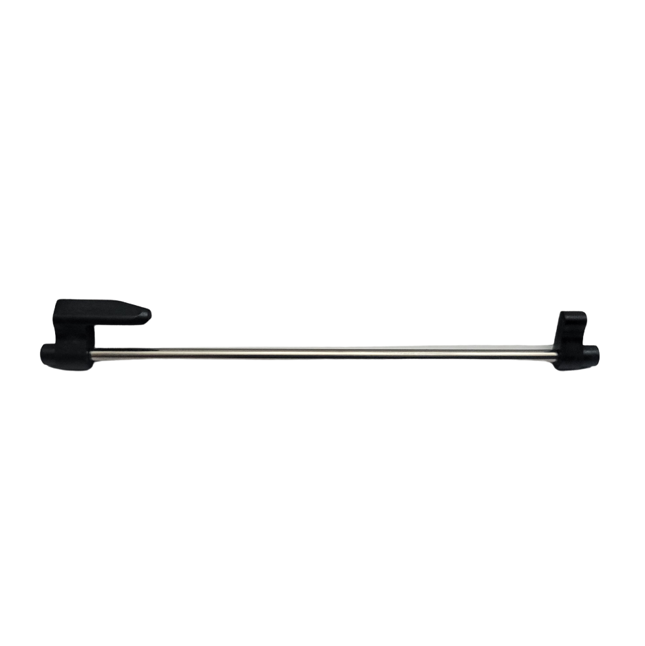 A horizontal metal rod from the E1 ClipTip Cam Shaft Assembly (Thermo Scientific) with black plastic holders at each end is shown against a plain white background.