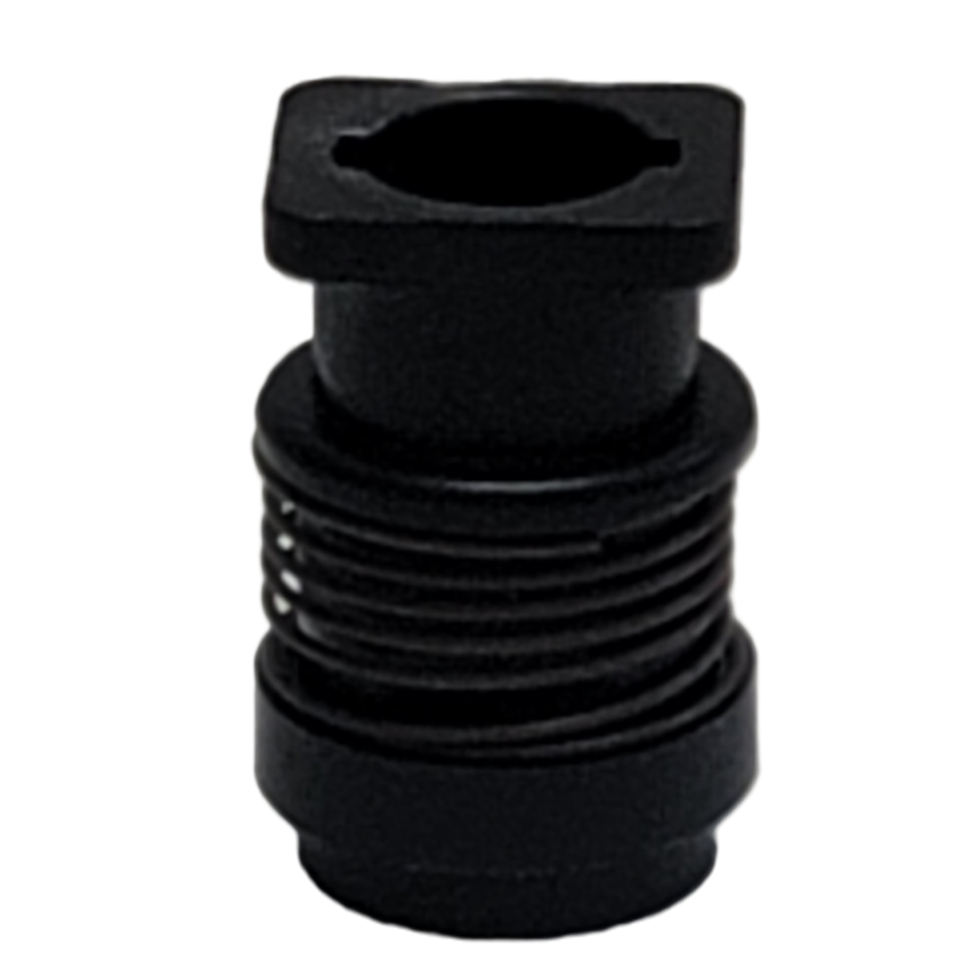 A black plastic threaded adapter with a square top and cylindrical body for the Thermo Scientific E1 ClipTip Tip Ejector Assembly, 1250μL, is shown against a plain white background.