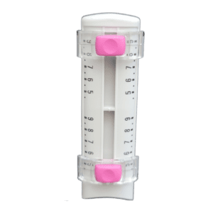 A close-up of a Thermo Scientific E1 ClipTip Equalizer Scale Assembly 2 (4.5-9), pink, 12 channel, 384 format, 12.5μL, with precise numerical readings and two pink sliders for accurate measurements.